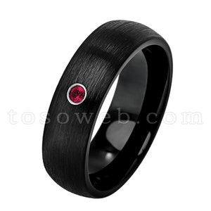 Ladies July Birthstone Ring, Ruby Solitaire Wedding Band, 6mm Black Ion Plated Brushed Finish Tungsten Carbide Ring TS2332