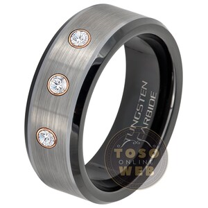 Men&#39;s Customizable Tungsten Birthstone Wedding Band,  Brushed Finish 2-Tone Black IP Beveled Edge Tungsten Carbide Ring TS0822RG