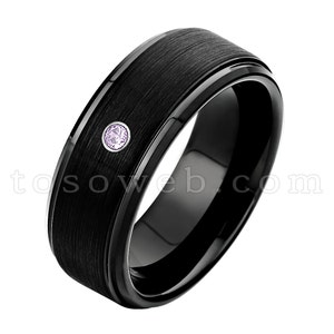 Men&#39;s Amethyst Solitaire Wedding Band, February Birthstone Ring, Black Ion Plated Brushed Stepped Edge, Tungsten Carbide Ring TS0832