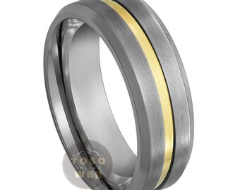 Men's 7mm Wedding Band, Yellow Gold Plated Grooved Center Brushed Finish Beveled Edge, Comfort Fit Tungsten Carbide Anniversary Ring TS1312