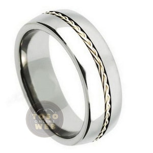 Unisex 8mm Wedding Band, Grooved with Braided Sterling Silver Insert Pipe Cut Edge, Comfort Fit Tungsten Carbide Anniversary Ring TS2172