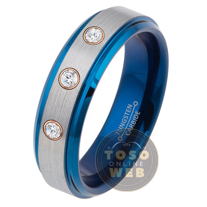 6mm Brushed Finish 2-Tone Blue IP Stepped Edge Tungsten Carbide Ring TS0814RG Women/'s Customizable Tungsten Birthstone Wedding Band