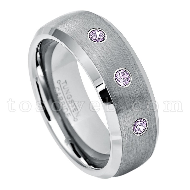 8mm Semi-Dome Brushed Center Beveled Edge Tungsten Carbide Ring TS0072 Men/'s Amethyst Wedding Band February Birthstone