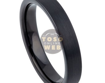 May include: A black tungsten carbide ring with a brushed finish. The ring has a beveled edge and a polished interior.