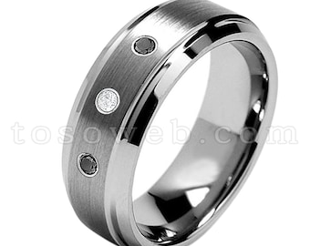 メンズ ホワイト&ブラック ダイヤモンド 結婚指輪、4 月誕生石リング、8 mm ブラッシュ センター ベベルエッジ タングステン カーバイド リング TS1622