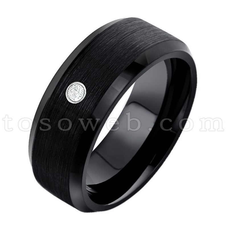 White Diamond Solitaire Wedding Band Men/'s April Birthstone Ring 8mm Black Ion Plated Brushed Center Tungsten Carbide Ring TS1662