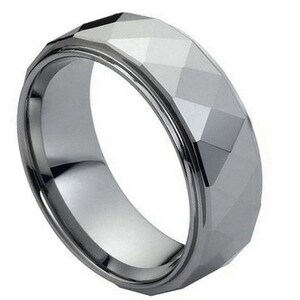 Men&#39;s 8mm Checkerboard Cut Wedding Band, High Polish Stepped Edge, Comfort Fit Tungsten Carbide Anniversary Ring TS0962
