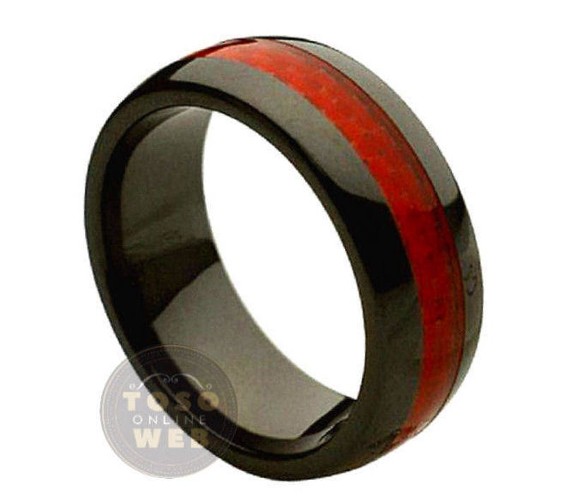 Men/'s 8mm Dome High Polished Black Ceramic Ring w Red Carbon Fiber Inlay Center wedding Band CR2340