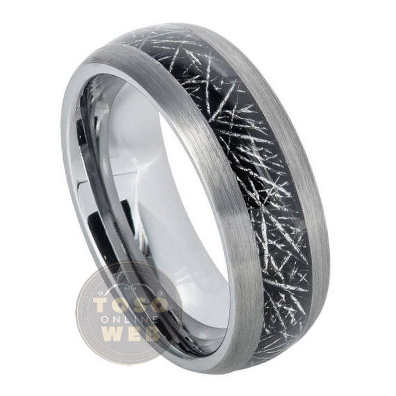 Black Ion Plated High Polished Design Center Comfort Fit Tungsten Carbide Anniversary Ring Mens 8mm 2 Tone Pipe Cut Stepped Edge Wedding Band