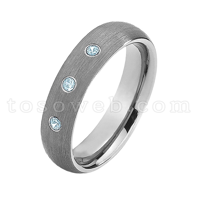 Blue Topaz Wedding Band 6mm Brushed Center Pipe Cut Edge Tungsten Carbide Ring TS0602 Ladies November Birthstone Ring