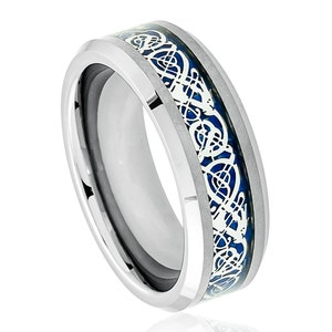 Men&#39;s 8mm Comfort Fit Wedding Band, Shiny Beveled Edge Blue Celtic Dragon Cut-out Inlay, Tungsten Carbide Anniversary Ring TS3672