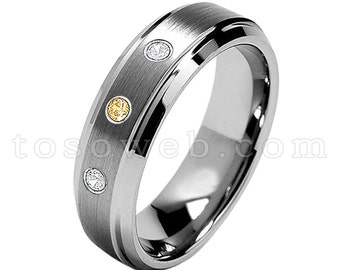 レディース 11 月誕生石リング、シトリン & ダイヤモンド結婚指輪、7 mm ブラシ仕上げセンターベベルエッジ、タングステンカーバイドリング TS0682