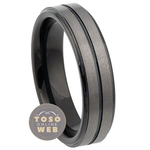 Ladies 6mm 2 Tone Stepped Edge Black IP Wedding Band w/ Grooved over Brushed Center, Comfort Fit Tungsten Carbide Anniversary Ring TS8082