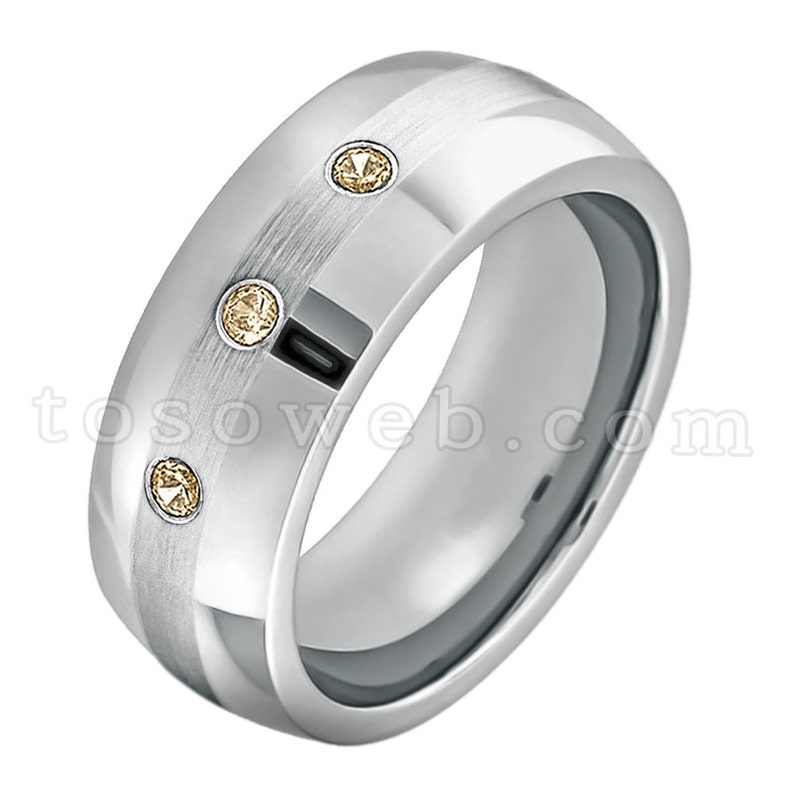 8mm Brushed Center Pipe Cut Edge Tungsten Carbide Ring TS0222 November Birthstone Ring Men/'s Smoky Quartz Wedding Band