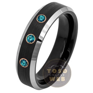 Women&#39;s Customizable Tungsten Birthstone Wedding Band,  6mm Brushed Finish 2-Tone Black IP Beveled Edge Tungsten Carbide Ring TS0795RG