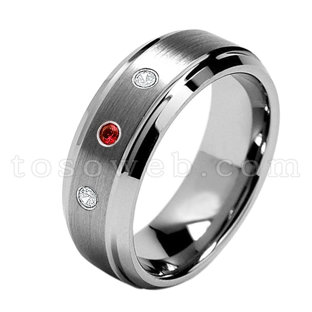 0.21ctw Ruby & Diamond 3-Stone Titanium Ring 5 6MM Brushed Finish Comfort Fit Classic Dome White Wedding Band 0.21ctw Ruby & Diamond 3-Stone Titanium Ring 5 6MM Brushed Finish Comfort Fit Classic Dome White Wedding Band