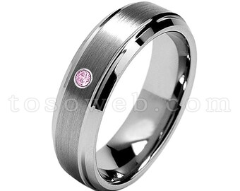 レディース 10 月誕生石リング、ピンクトルマリン ソリティア 結婚指輪、7 mm ブラシ仕上げセンター ベベルエッジ、タングステンカーバイドリング TS0682