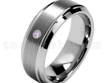 メンズ アメジスト ソリティア 結婚指輪、2 月誕生石リング、8 mm ブラシ仕上げセンター ベベル シャイニーエッジ タングステンカーバイドリング TS1622