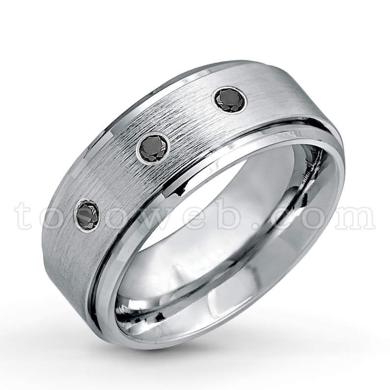 Men/'s Black Diamond Wedding and Anniversary Band 9mm Brushed Center Shiny Beveled Edge Tungsten Carbide Ring TS0232