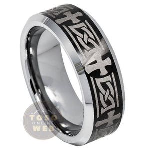 Men&#39;s 8mm Beveled Edge Polished Wedding Band, Celtic Cross Laser Engraved Design Ring, Comfort Fit Anniversary Tungsten Carbide Ring TS6070