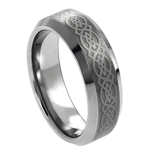 Ladies 6mm Celtic Knot Design Laser Engraved Wedding Band, Brushed Center Beveled Edge Comfort Fit Tungsten Carbide Ring TS2262