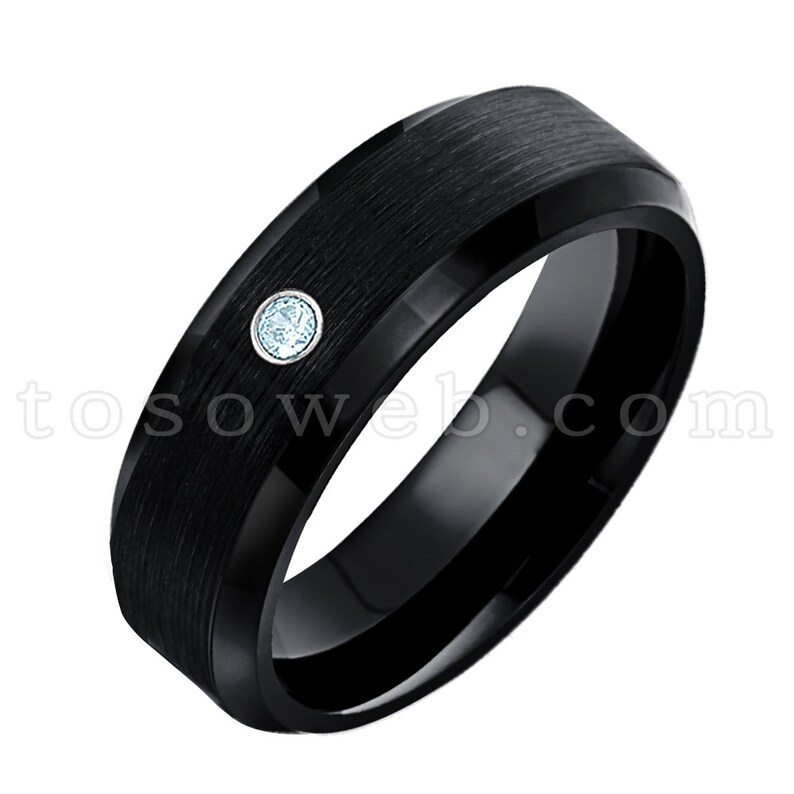 Tungsten Carbide Ring TS1682 Blue Topaz Solitaire Wedding Band Ladies November Birthstone Ring 6mm Black Ion Plated Brushed Center