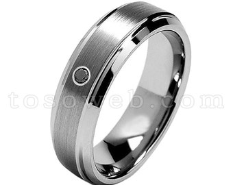 レディース ブラック ダイヤモンド ソリティア 結婚指輪、7 mm ブラッシュ センター ベベル エッジ、タングステン カーバイド アニバーサリー リング TS0682