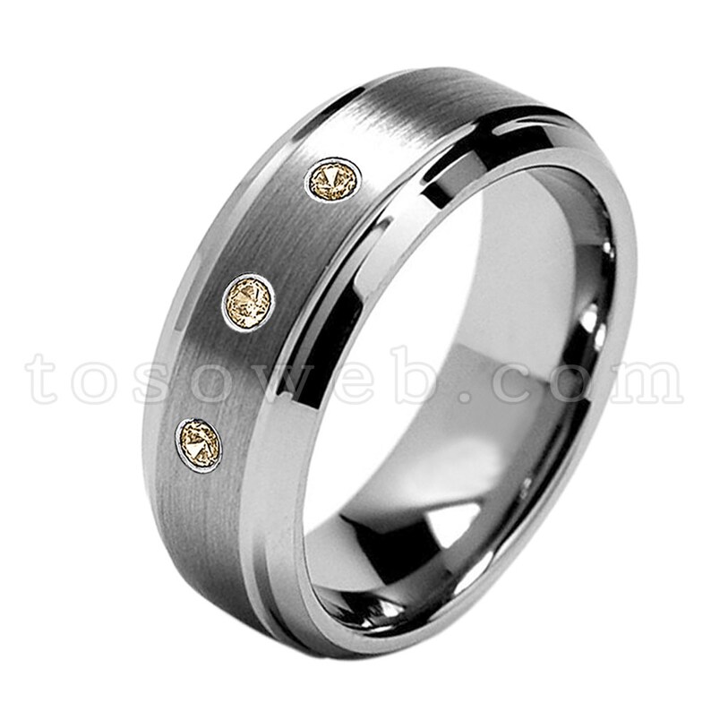 November Birthstone Ring,Brushed Center Beveled Edge Tungsten Carbide Ring TS1622 Men/'s Smoky Quartz /& Diamond Wedding Band