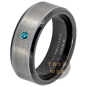 Men&#39;s Customizable Tungsten Birthstone Wedding Band,  Brushed Finish 2-Tone Black IP Beveled Edge Tungsten Carbide Ring TS0822WG