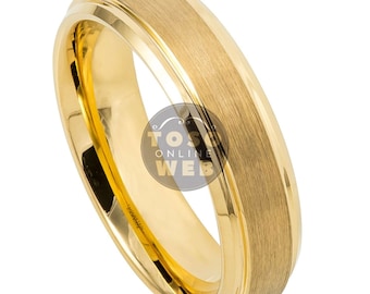 May include: A gold tungsten carbide ring with a brushed finish and a beveled edge.