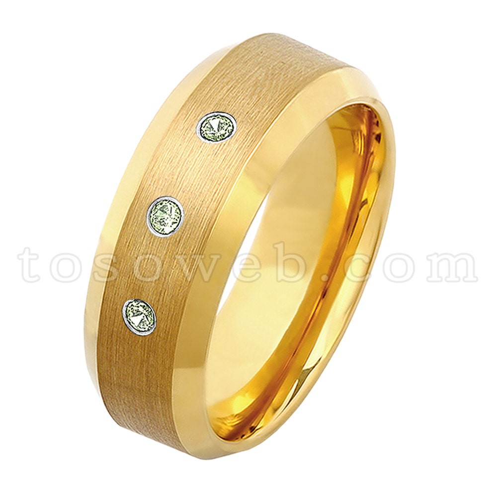 Men's Peridot Wedding Band, August Birthstone Ring, 8mm Yellow Gold Plated Beveled Edge Tungsten Carbide Ring TS2102