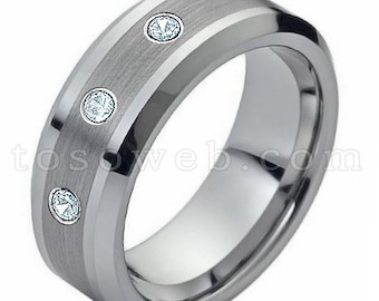 Mannen Aquamarijn trouwring, maart Birthstone Ring, 8mm geborsteld midden afgeschuinde rand wolfraamcarbide ring TS0022