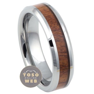 Unisex 6mm Beveled Edge High Polished with Mahogany Wood Inlay Finish Comfort Fit Tungsten Carbide Anniversary Ring TS8020