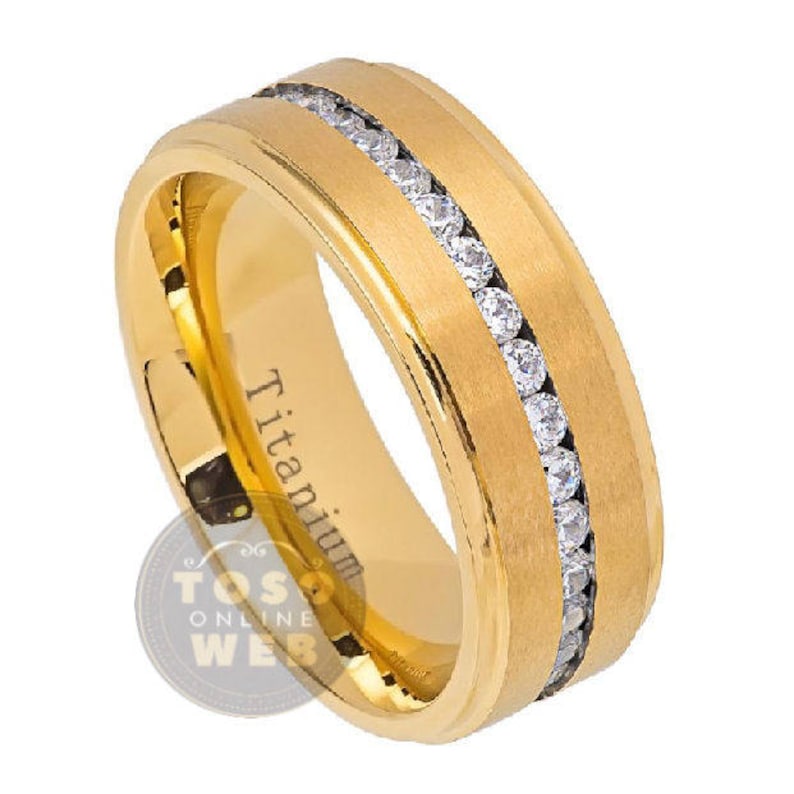 Comfort Fit Wedding Band Ti5862 Men/'s 8mm Stepped Edge Polish Yellow Gold IP Titanium Wedding Band Ring w CZ Stones over Brushed Center