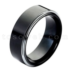 Men&#39;s 2-Tone Tungsten Wedding Band, 8mm Flat Top Black IP High Polish Stepped Edge, Comfort Fit Tungsten Carbide Anniversary Ring TS1182