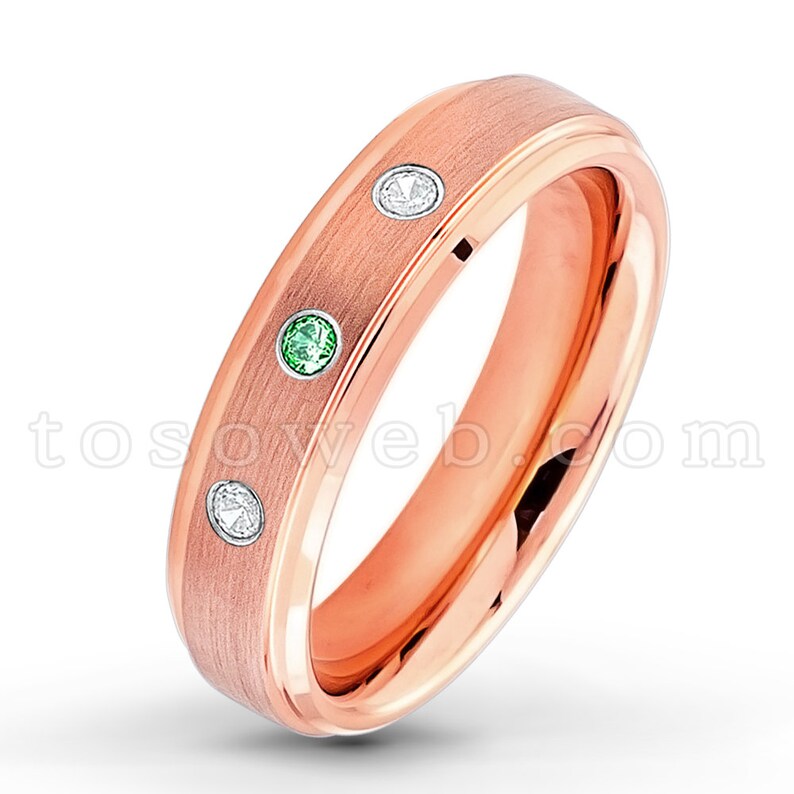 Ladies Emerald Solitaire Wedding Band Rose Gold Plated Beveled Edge Comfort Fit Tungsten Carbide Ring TS3722 May Birthstone