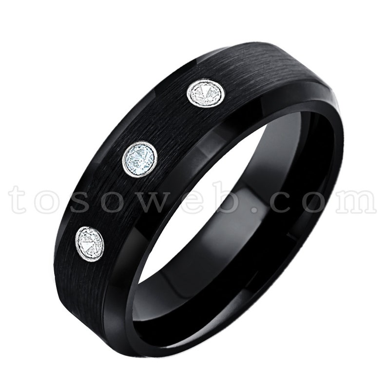 Ladies March Birthstone Ring 6mm Black Ion Plated Brushed Center Tungsten Carbide Ring TS1682 Aquamarine Solitaire Wedding Band
