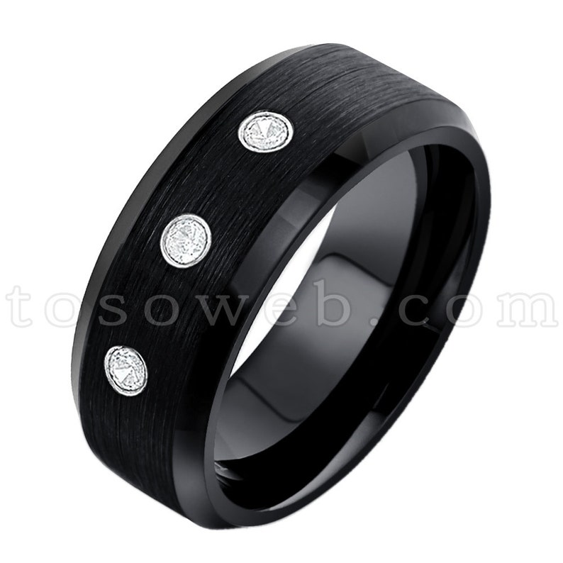 White Diamond Solitaire Wedding Band Men/'s April Birthstone Ring 8mm Black Ion Plated Brushed Center Tungsten Carbide Ring TS1662