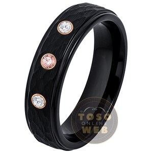Women&#39;s Customizable Tungsten Birthstone Wedding Band,  6mm Hammered Finish Black IP Stepped Edge Tungsten Carbide Ring TS0793RG