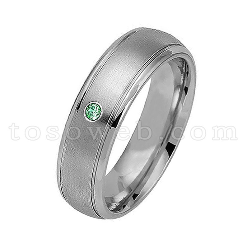 Ladies May Birthstone Ring Emerald /& Diamond Wedding Band,6mm Brushed Center Polish Ridge Edge Tungsten Carbide Ring TS0392