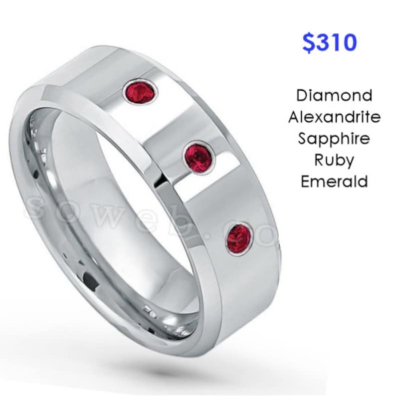 see description for details TS667 Custom Bezel-set Tungsten Band with Diamonds or Birthstones with FREE ENGRAVING