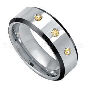 Men&#39;s Citrine Gemstone Wedding Band, November Birthstone Ring, 8mm Black IP Edge High Polish Tungsten Carbide Ring TS2182
