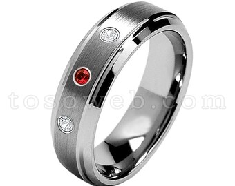 レディース 1 月誕生石リング、ガーネット & ダイヤモンド結婚指輪、7 mm ブラシ仕上げセンターベベルエッジ、タングステンカーバイドリング TS0682