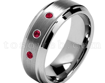 Men's Ruby Wedding Band, July Birthstone Ring, 8mm Brushed Center Beveled Shiny Edge Tungsten Carbide Ring TS1622