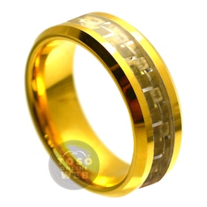 Men&#39;s 8mm Yellow Gold Plated Wedding Band, Yellow Green Carbon Fiber Inlay Beveled Edge,Comfort Fit Tungsten Carbide Anniversary Ring TS3412