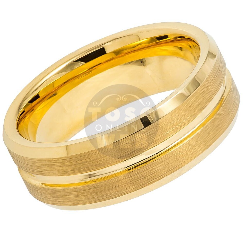 Chapado en Laton ゴールド　Mgs- 18 Men's 8mm Beveled Edge High Polish Yellow Gold IP W/ Grooved