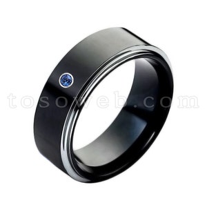 Men&#39;s Blue Sapphire Solitaire Wedding Band, September Birthstone Ring, 8mm 2-Tone High Polish Black IP Tungsten Carbide Ring TS1182