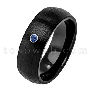 Men&#39;s September Birthstone Ring, Blue Sapphire Solitaire Wedding Band, 8mm Black IP Brushed Finish Tungsten Carbide Ring TS2312