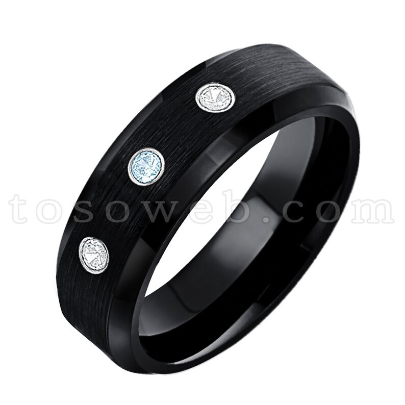Tungsten Carbide Ring TS1682 Blue Topaz Solitaire Wedding Band Ladies November Birthstone Ring 6mm Black Ion Plated Brushed Center