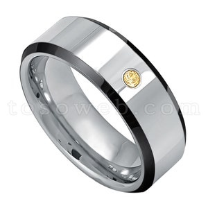 Men&#39;s Citrine Gemstone Solitaire Wedding Band, November Birthstone Ring, 8mm Black IP Edge High Polish Tungsten Carbide Ring TS2182